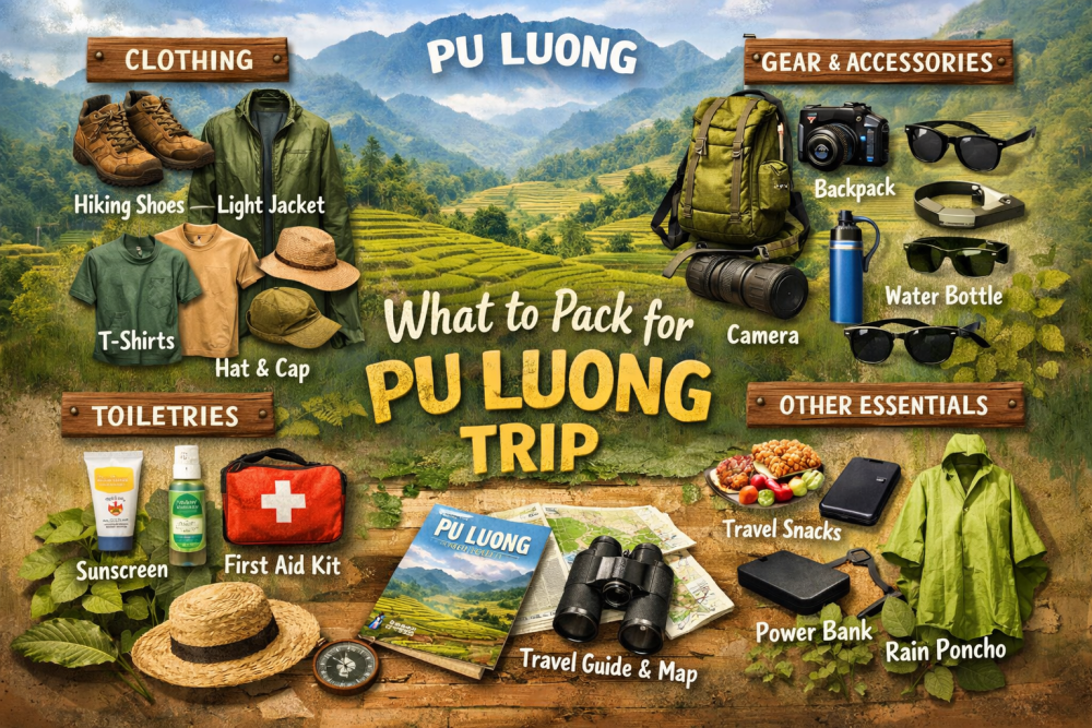 What to pack for a Pu Luong trip including hiking shoes, light jacket, backpack, camera, rain poncho and trekking essentials