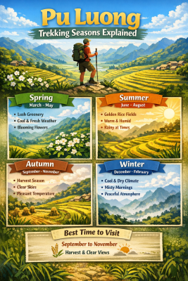 Best time for Pu Luong trekking showing rice seasons, weather conditions, and scenic terraces in Pu Luong Vietnam