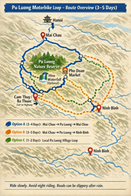 Pu Luong motorbike loop map showing routes from Mai Chau to Pu Luong and Ninh Binh