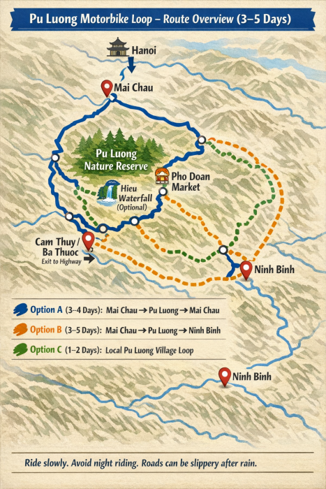 Pu Luong motorbike loop map showing routes from Mai Chau to Pu Luong and Ninh Binh