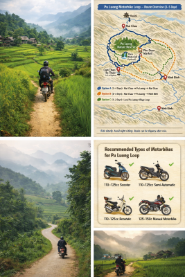 Motorbike parked near rice terraces in Pu Luong with peaceful village scenery