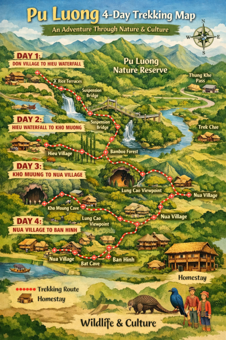 Pu Luong trekking map 4 day itinerary villages route