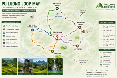 Pu Luong loop map showing trekking routes through Don Village, Uoi Village, Kho Muong and Hieu Valley