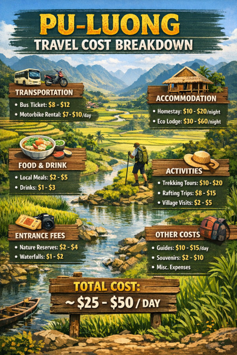 Pu Luong travel cost breakdown for transportation accommodation food and trekking