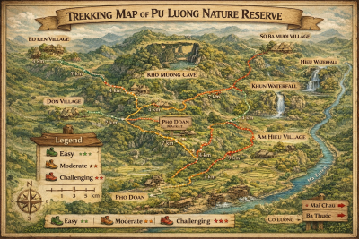 Pu Luong trekking map showing easy moderate and challenging routes