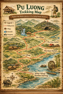 Pu Luong Nature Reserve trekking map showing Don Village, Uoi Village, Lan Village, Kho Muong and Hieu Village trails