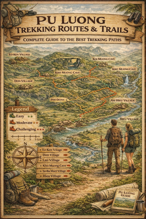 illustrated trekking map of Pu Luong Nature Reserve showing major trekking routes between Don Village, Lan Village, Kho Muong Cave and Hieu Village with difficulty levels