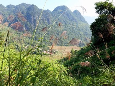 Mountain valley trekking route in Pu Luong Vietnam