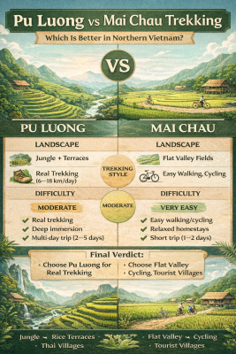 Pu Luong vs Mai Chau trekking infographic showing differences in landscape trekking difficulty travel style and village experience in northern Vietnam