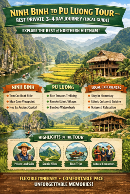 Ninh Binh to Pu Luong tour infographic showing best private 3-4 day journey with local guide, including Tam Coc boat ride, rice terrace trekking, ethnic villages and homestay experiences in Northern Vietnam