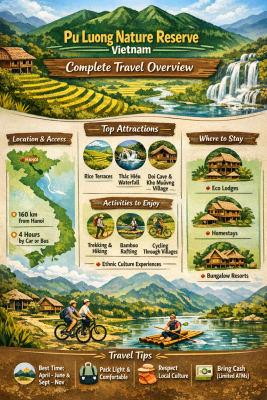 Pu Luong Nature Reserve Vietnam infographic travel guide rice terraces trekking map
