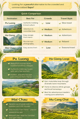 Best Sapa alternatives in Vietnam infographic comparing Pu Luong, Ha Giang, Mai Chau and Mu Cang Chai with travel style, crowds and experiences