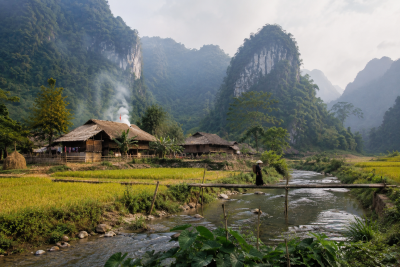 Traditional ethnic minority village surrounded by mountains in Cao Bang Vietnam