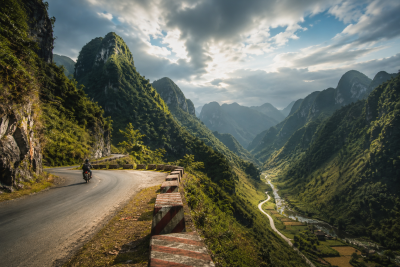 Scenic mountain road through limestone valleys in Cao Bang Vietnam