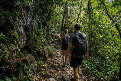 Travelers hiking through Cat Ba National Park in Vietnam