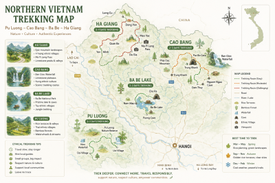Map showing ethical trekking destinations in Northern Vietnam
