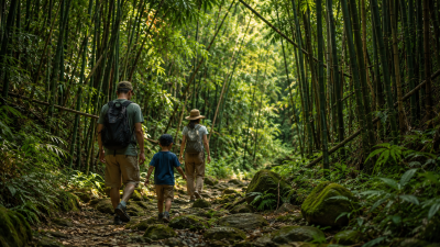 Family trekking through bamboo forest in Pu Luong Vietnam