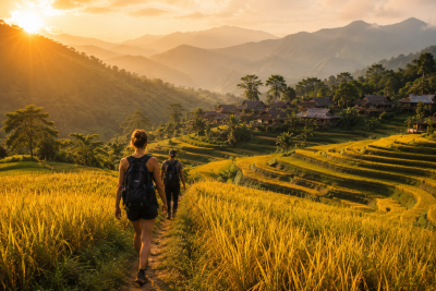 Golden rice terraces during harvest season in Pu Luong Vietnam