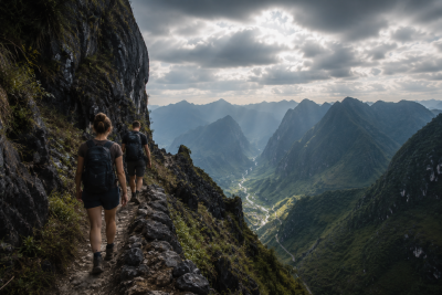 Adventure trekking through rugged mountains in Ha Giang