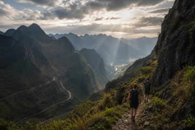 Travelers trekking in the mountains of Ha Giang Vietnam