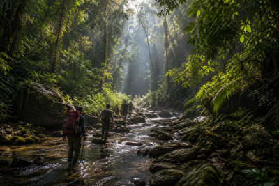 Travelers jungle trekking in Phong Nha Vietnam