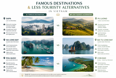 Infographic comparing famous tourist destinations and hidden alternatives in Vietnam