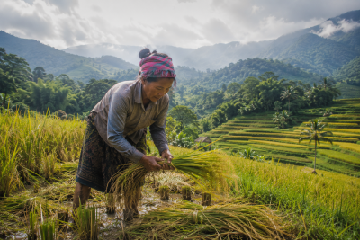Local farmer working in rice terraces in Pu Luong Vietnam