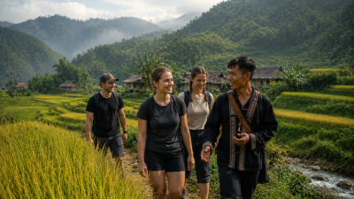 Local trekking guide leading travelers through rural Northern Vietnam