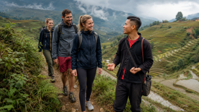 Local trekking guide leading travelers through rice terraces in Vietnam