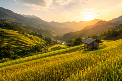 Golden rice terraces in Mu Cang Chai Vietnam during sunrise with mountain valleys and peaceful countryside atmosphere