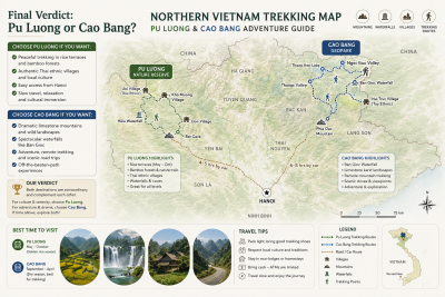 Trekking map showing Pu Luong and Cao Bang destinations in northern Vietnam