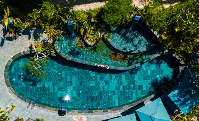 Infinity pool overlooking rice terraces in Pu Luong