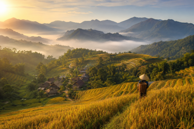 Rice terrace trekking landscape in Pu Luong Nature Reserve Vietnam