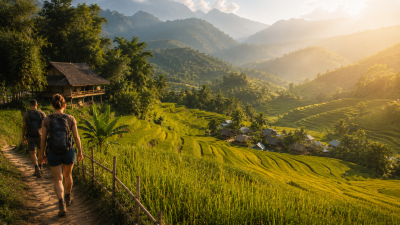 Travelers trekking through rice terraces in Pu Luong Vietnam