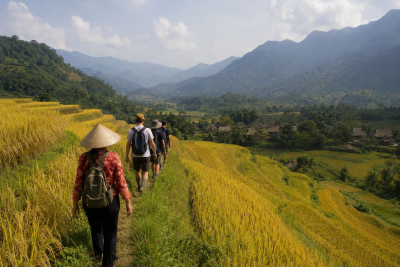 Travelers walking through rice terrace trails in Pu Luong Vietnam