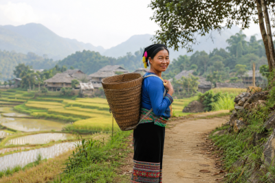 Thai ethnic village in Pu Luong surrounded by rice terraces