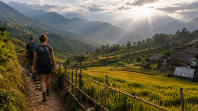 Travelers trekking through rice terraces in Sapa Vietnam