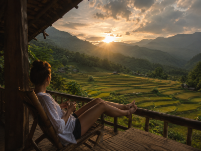 Traveler relaxing in rice terrace valley in Pu Luong Vietnam
