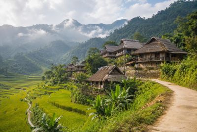 Traditional Thai ethnic stilt house village surrounded by rice terraces in Pu Luong Vietnam