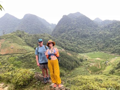 Traveler walking slowly through traditional Thai ethnic village in northern Vietnam