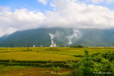 Xam Khoe village in Mai Chau with traditional Thai stilt houses and peaceful countryside