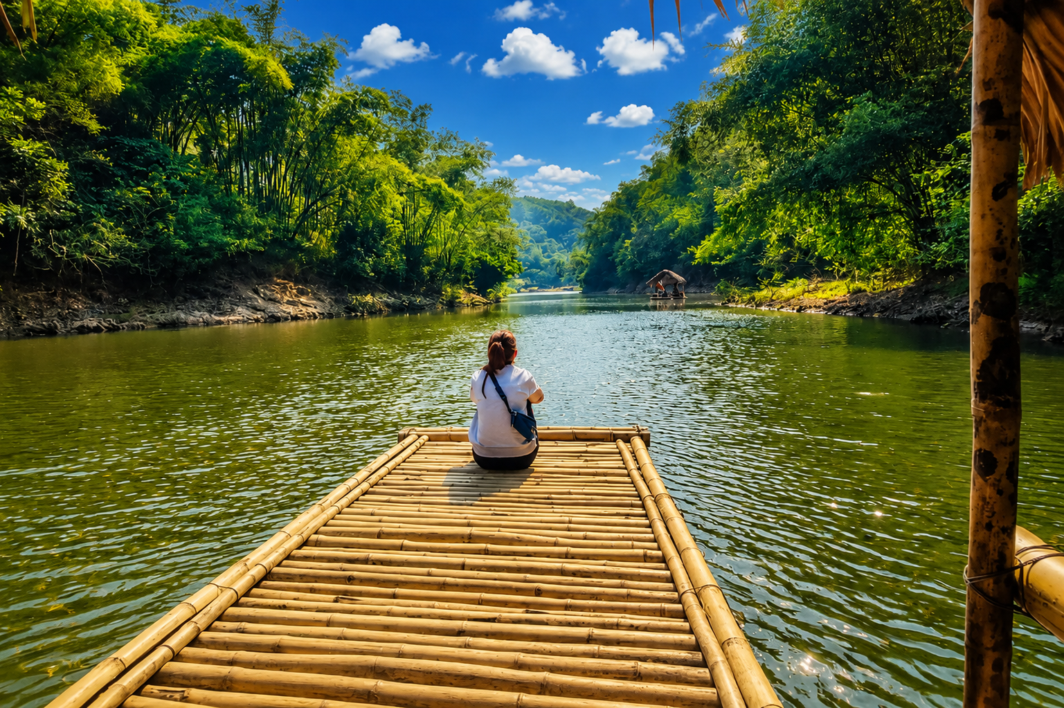 Traveler resting on a bamboo raft during a private Pu Luong trekking journey