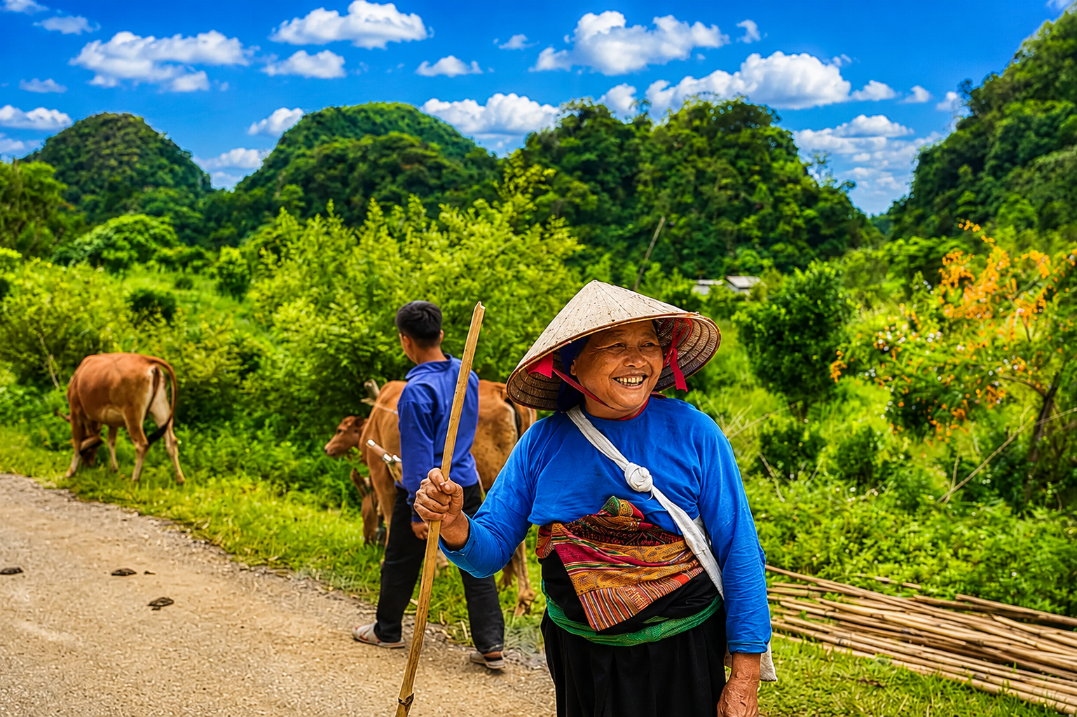 Local woman smiling beside a village trail in Pu Luong
