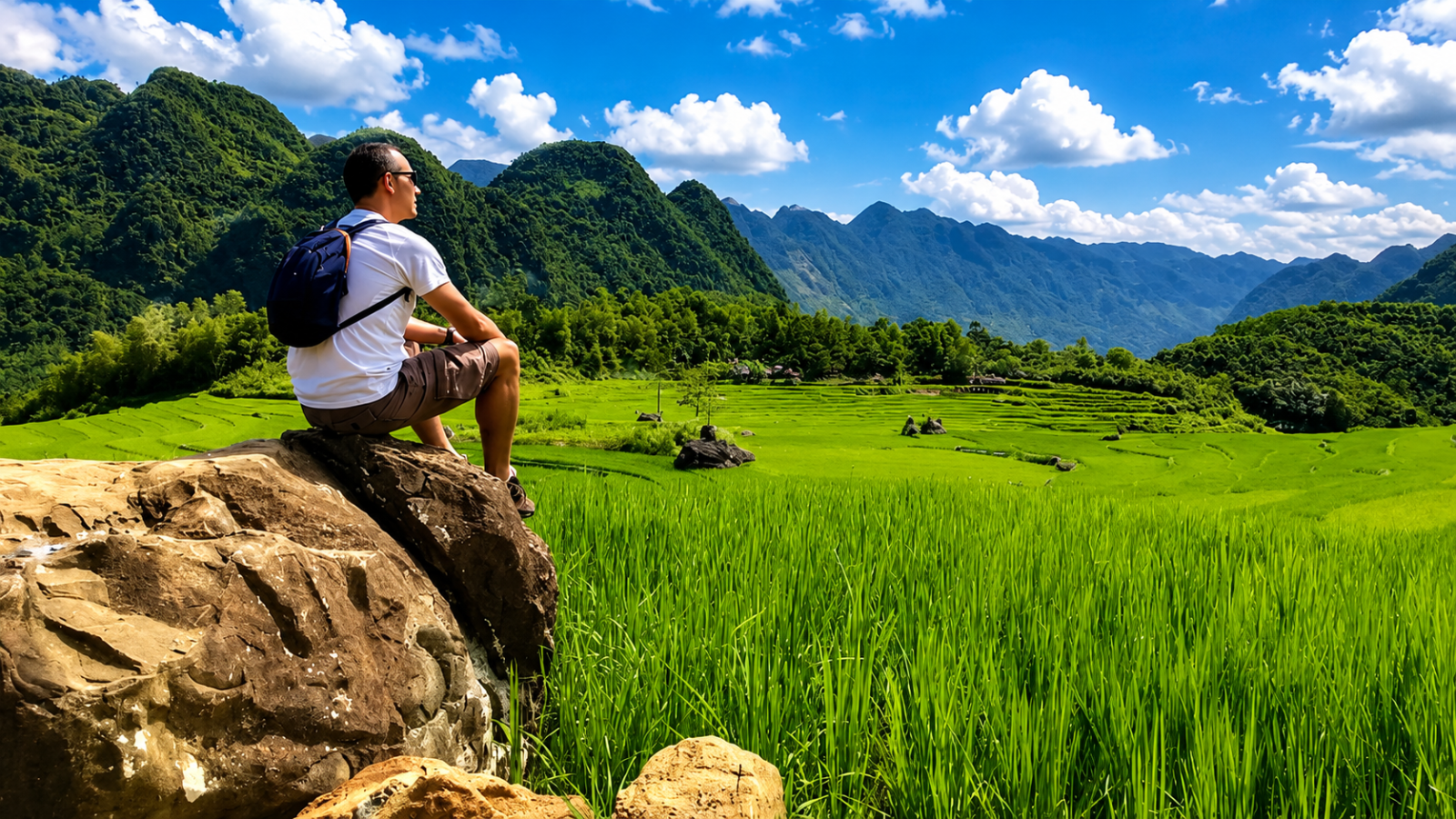 Traveler overlooking rice terraces and limestone mountains during a 3-day Pu Luong trek